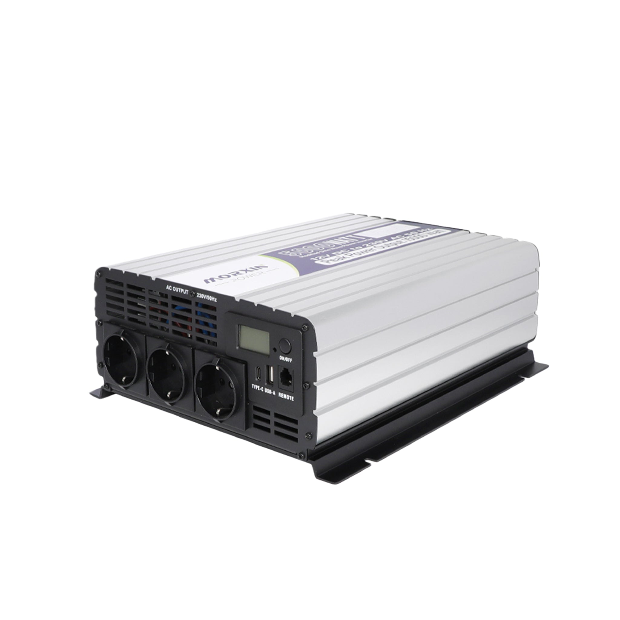 Morxin Power 5000W modified sine wave inverter 12V to 230V with AC outlets, USB-C, Type-C fast charging, and LCD display.