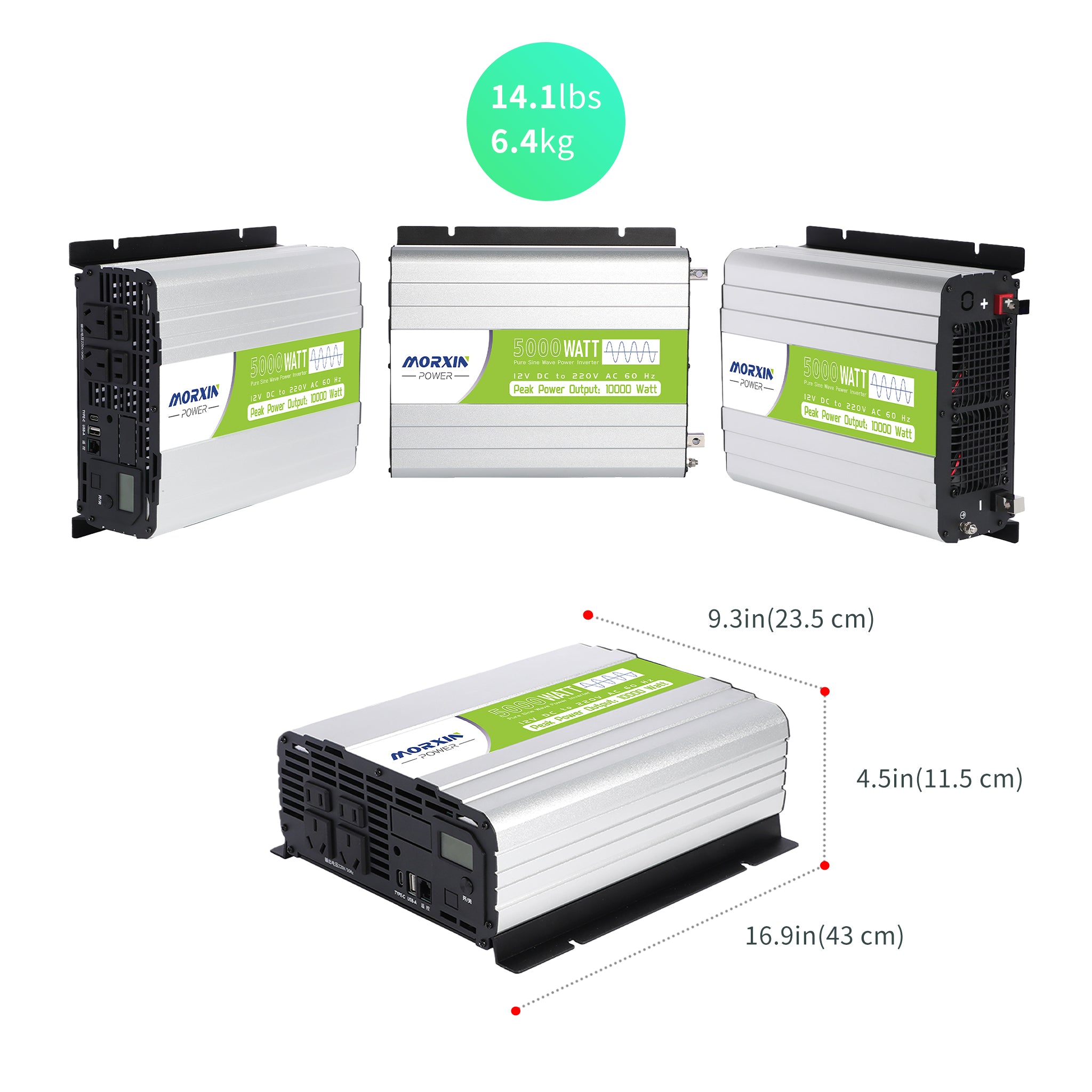 Morxin Power 5000W pure sine wave inverter exact dimensions 16.9 × 9.3 × 4.5 inches (43 × 23.5 × 11.5 cm), weight 14.1 lbs (6.4 kg), multi-angle view with size and weight.