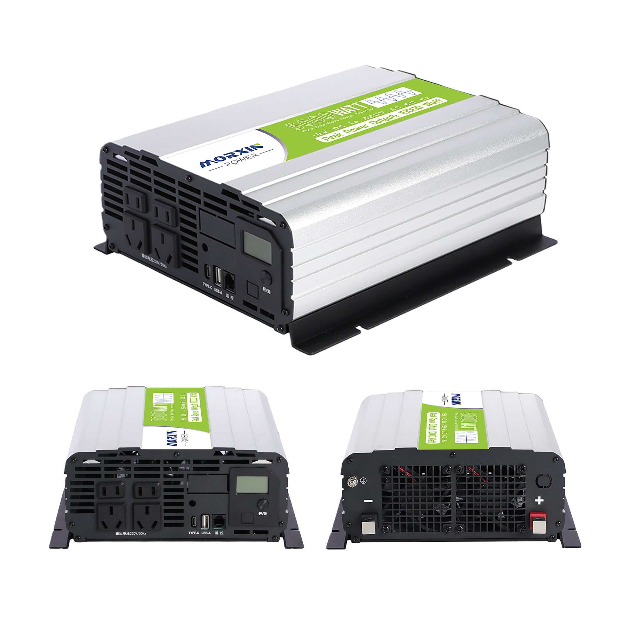 Morxin Power 5000W pure sine wave inverter multi-angle view showing front LCD display, side cooling fins, rear DC terminals, and mounting bracket.