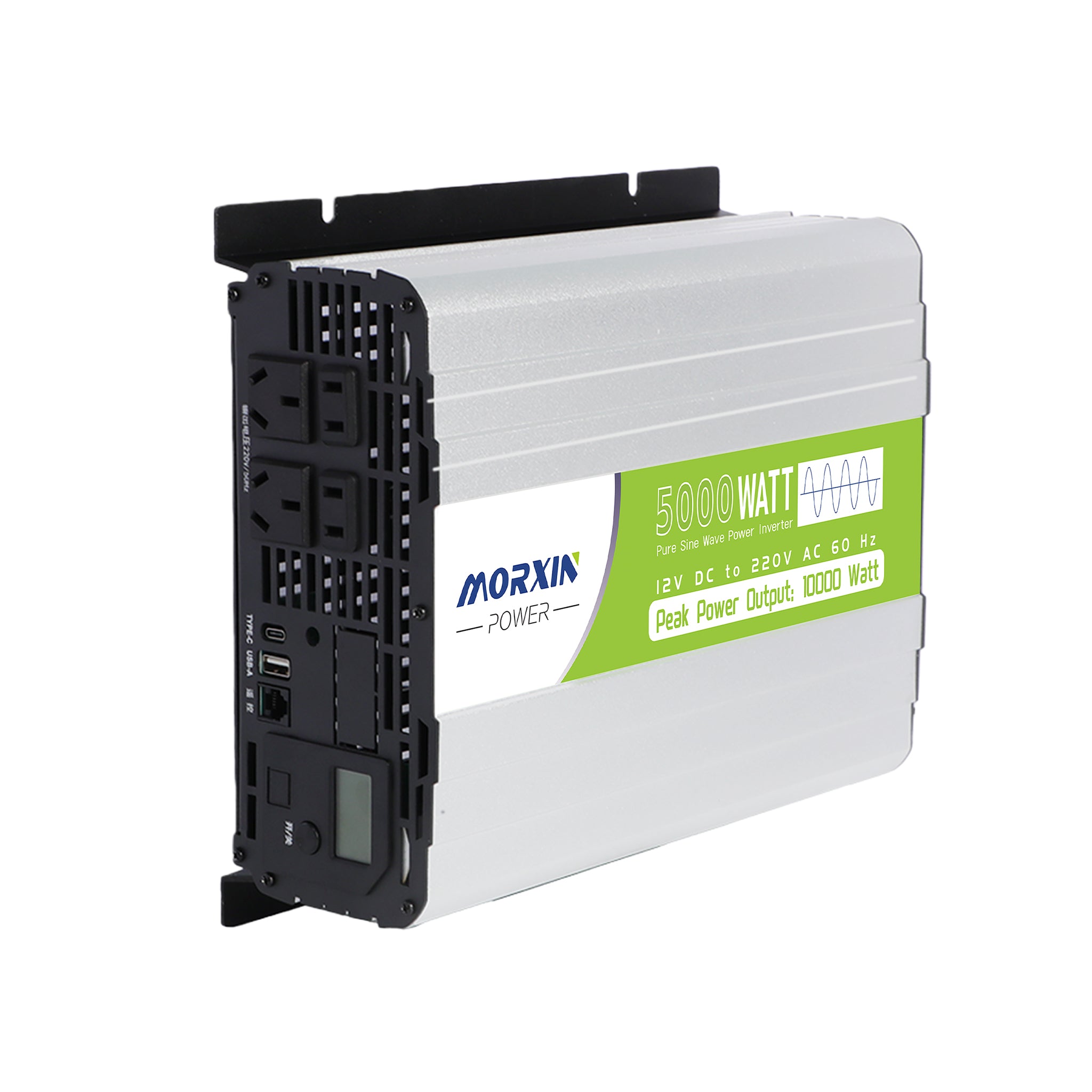 Morxin Power 5000W pure sine wave inverter 12V to 220V 60Hz with LCD display, Type-C, USB-A ports, and cooling vents.